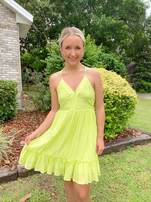 Lattice Back Mini Dress- Lime