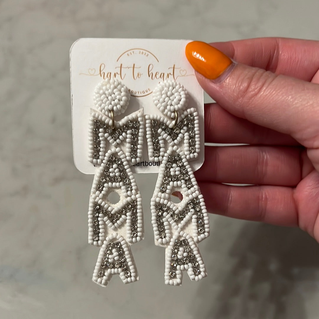 Mama Seed Beaded Dangle Earrings- White