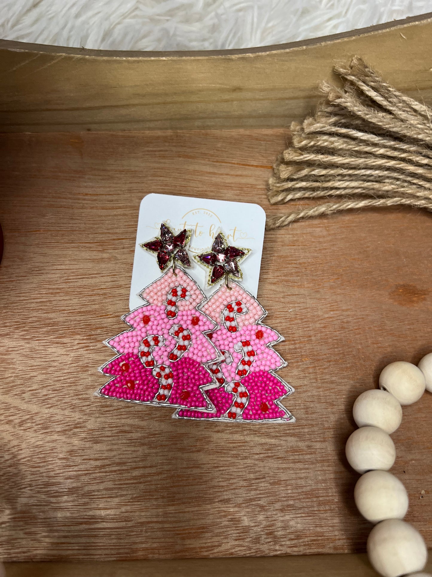 Pink Christmas Tree Beaded Earrings- The Gathering Cafe