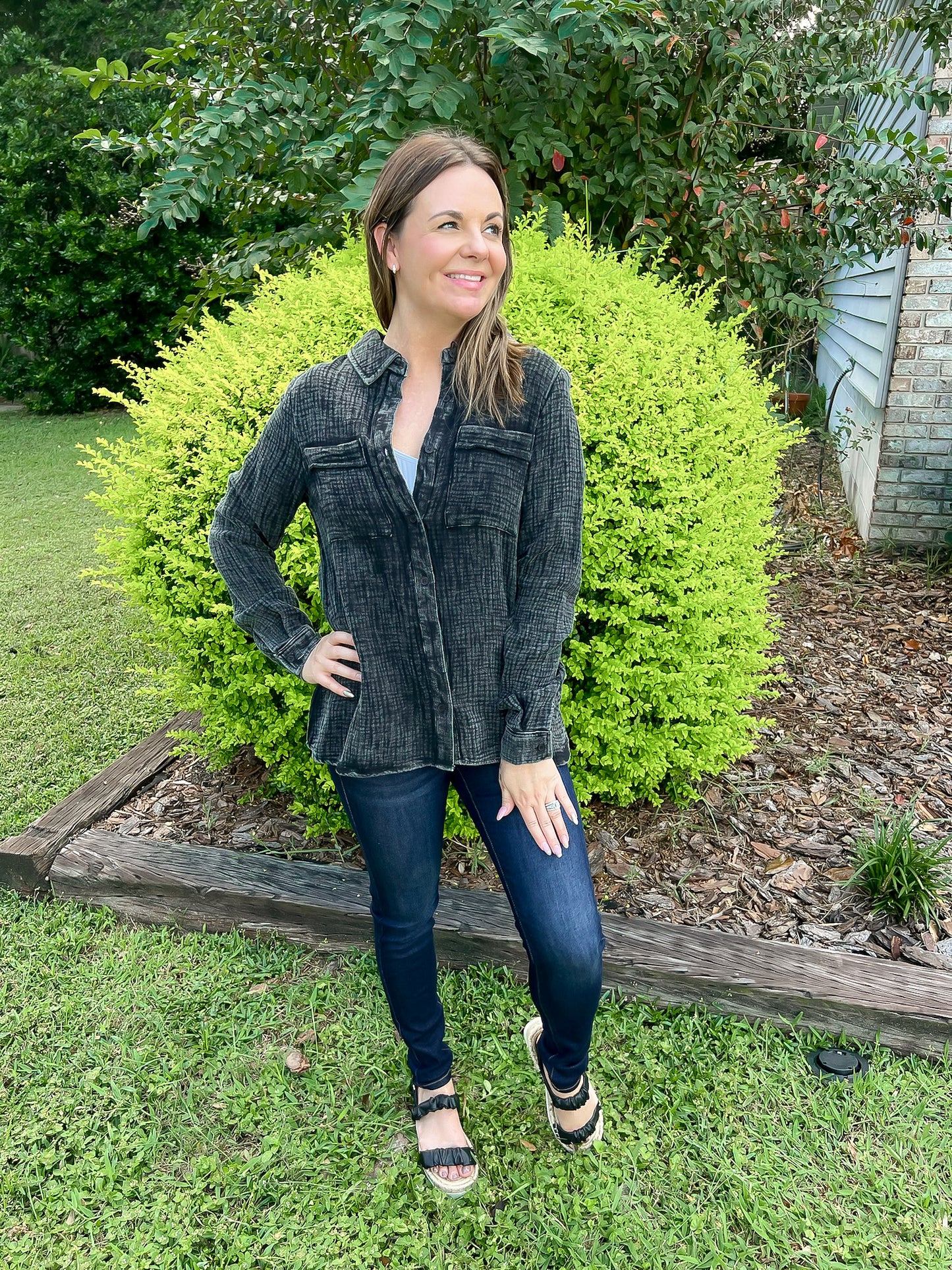 Crinkle Button Down Top