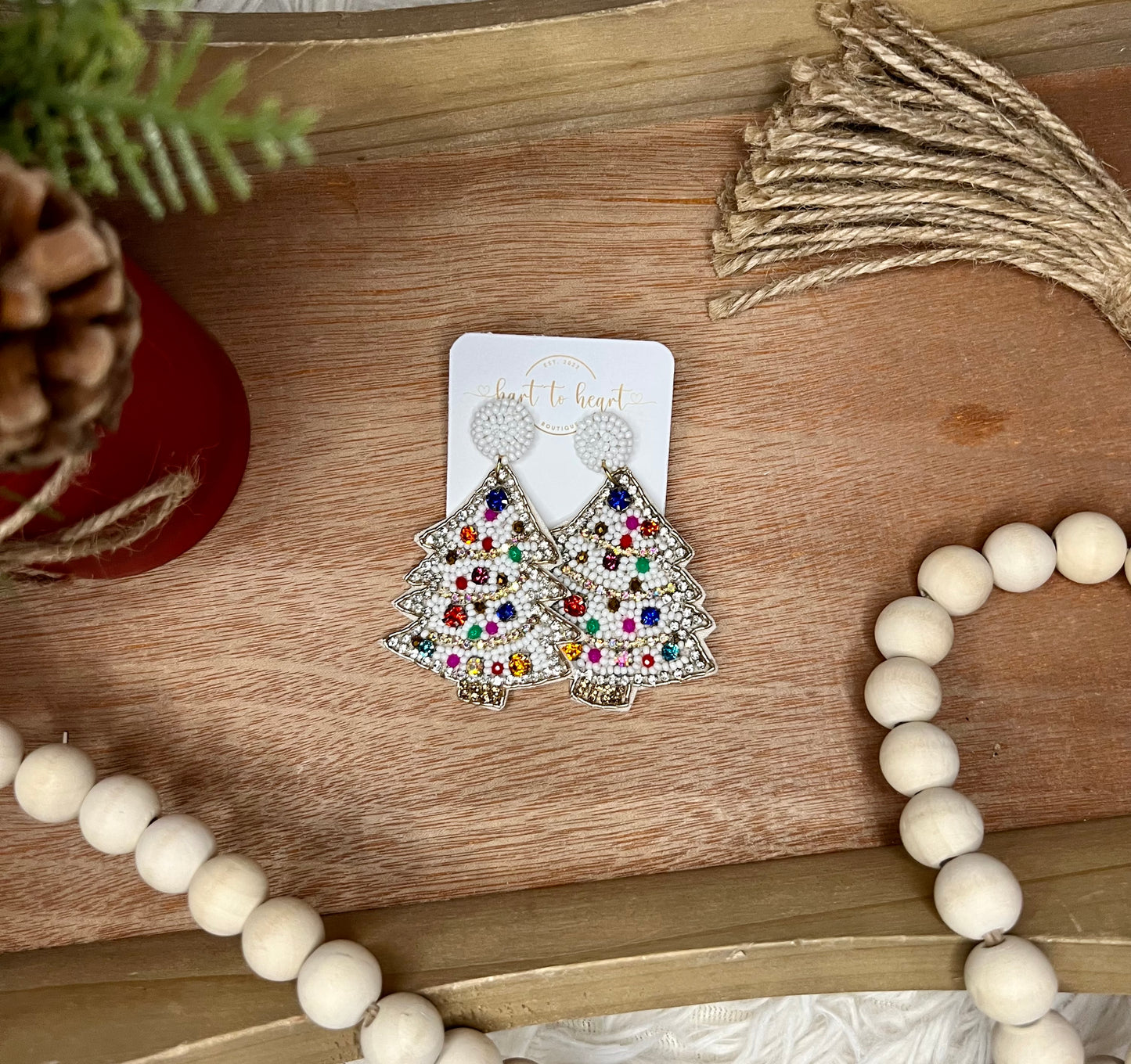 White Christmas Tree Beaded Earrings