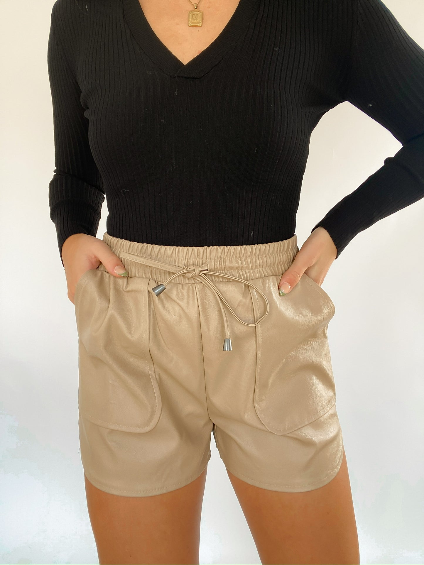 Drawstring Leather Shorts