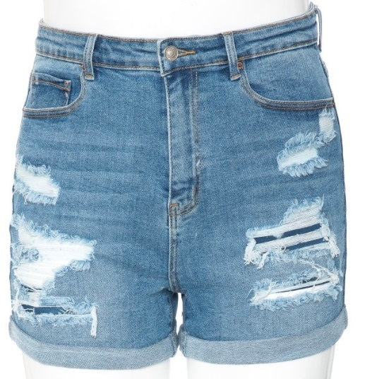 Destructed Mom Shorts Medium Wash- Plus