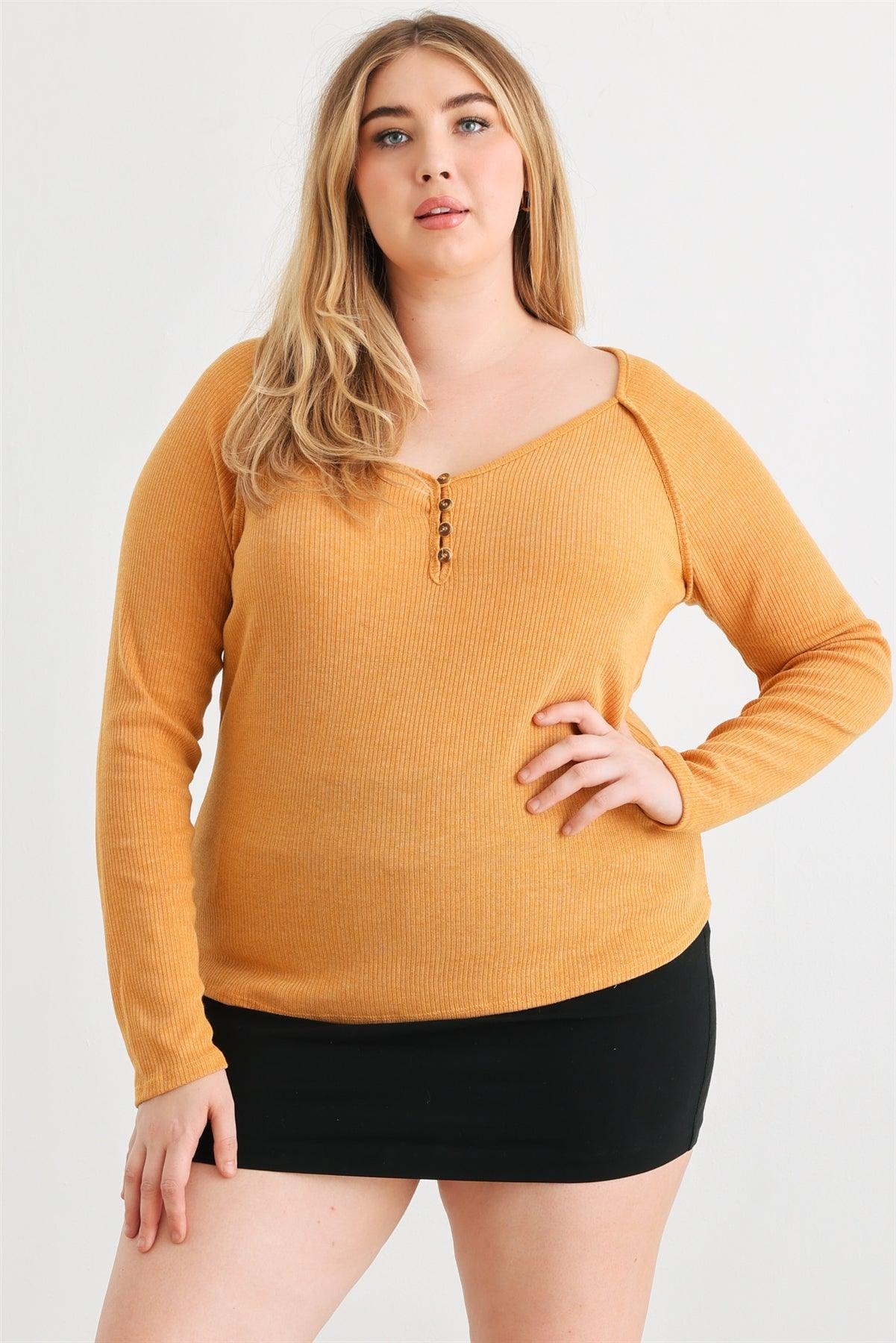 Ribbed Button Neck Top - Plus- Salon 209