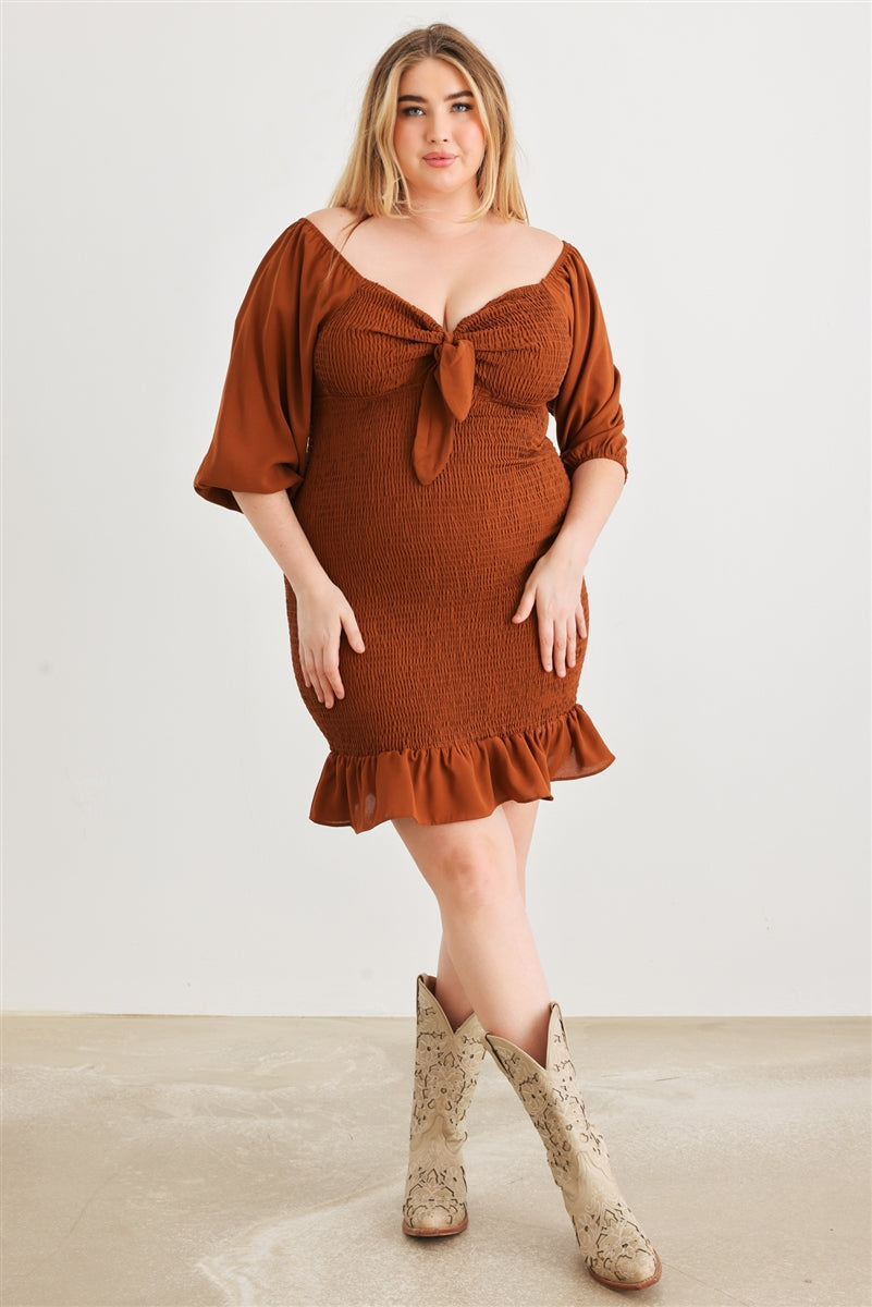 Smocked Puff Sleeve Tie Neck Detail Mini Dress- Plus