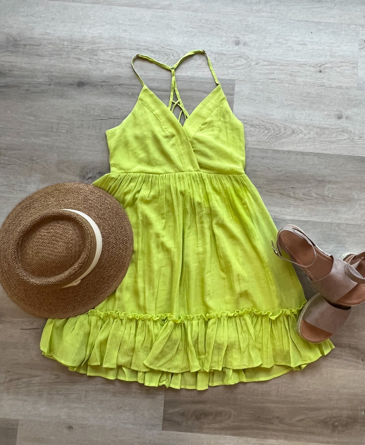 Lattice Back Mini Dress- Lime