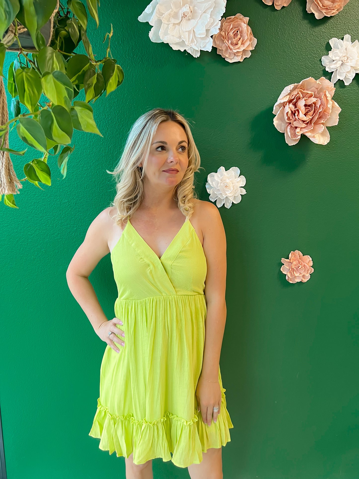 Lattice Back Mini Dress- Lime
