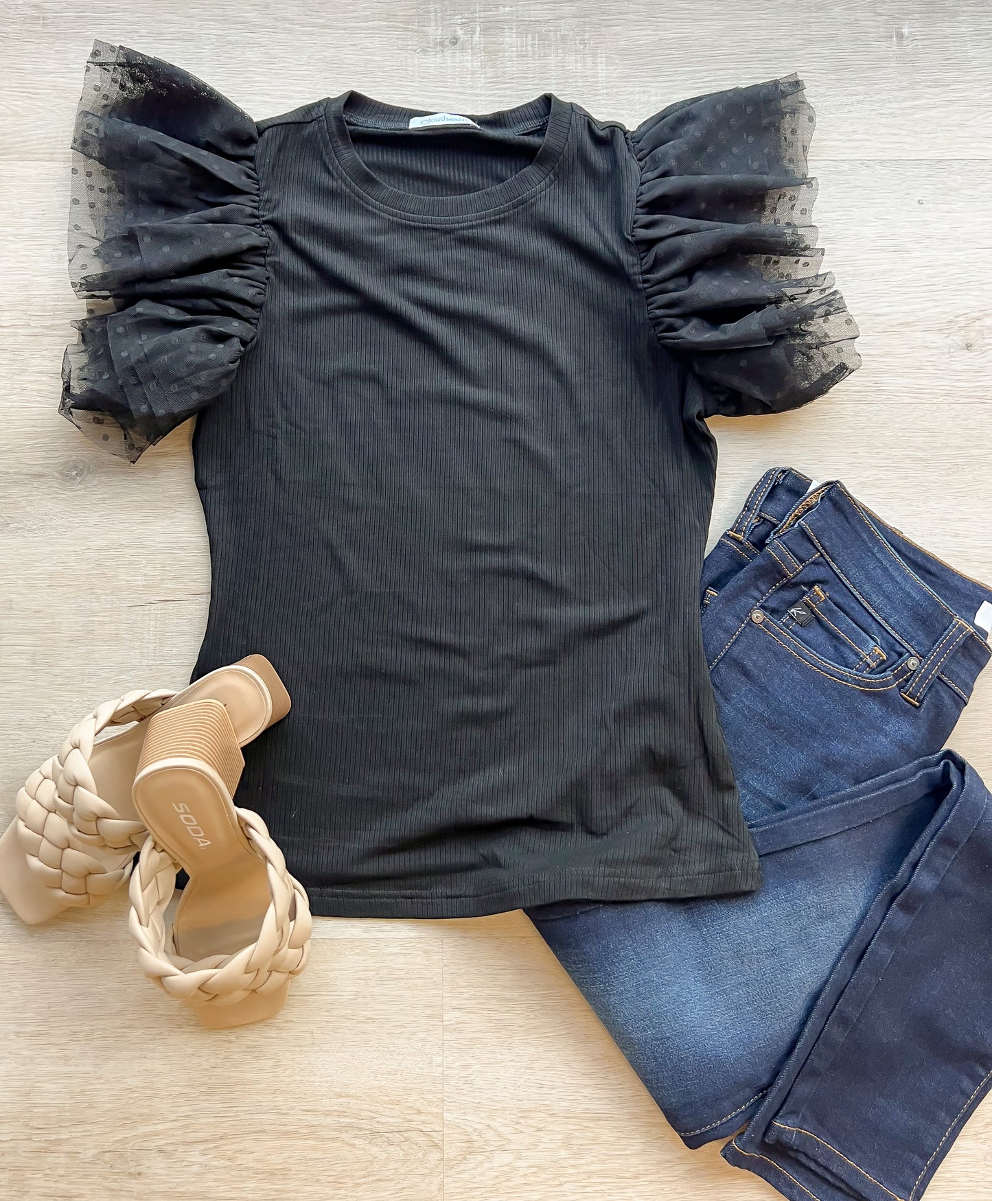 Ruffle Sleeve Ribbed Knit Top- Black
