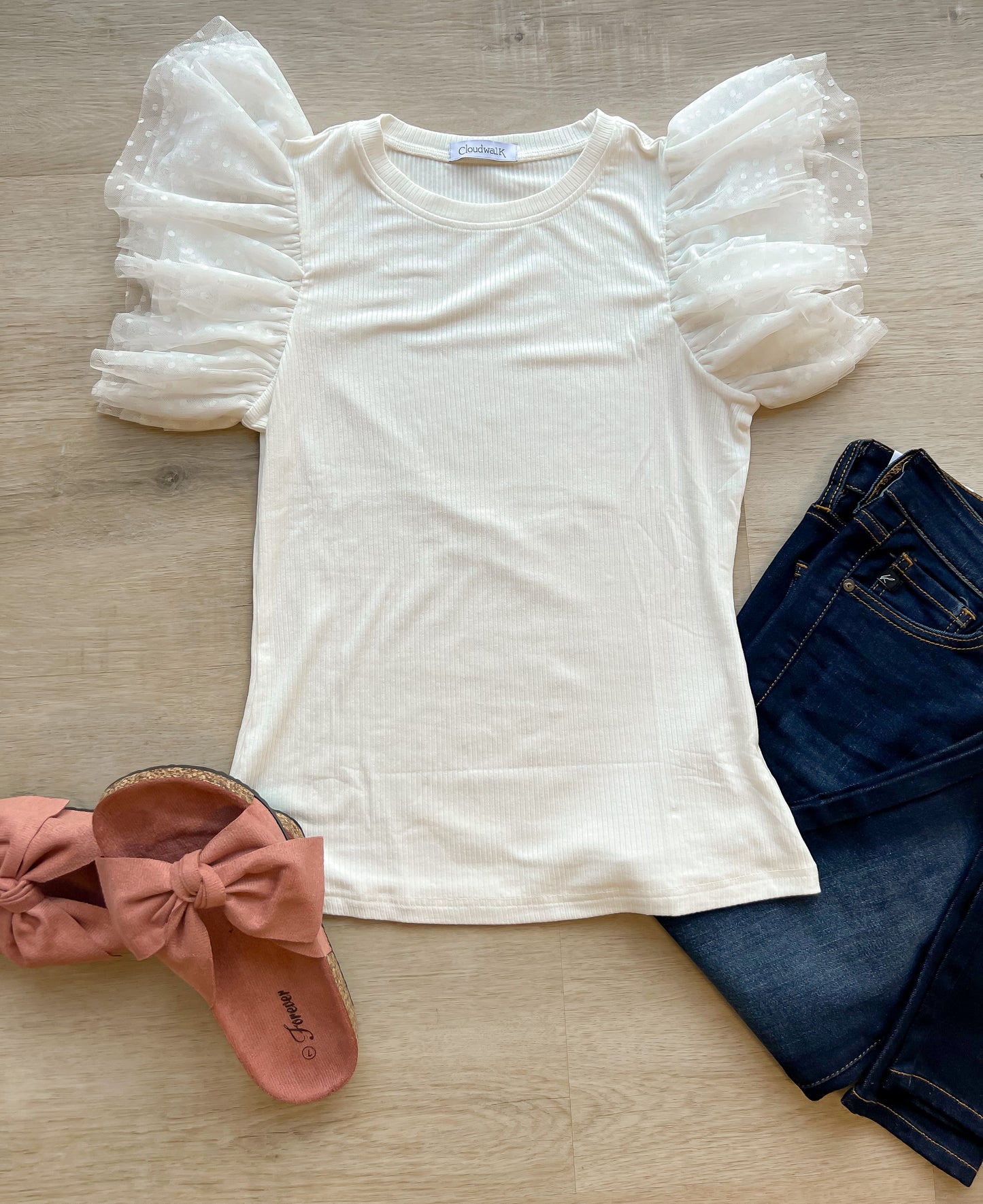 Ruffle Sleeve Ribbed Knit Top- Ivory