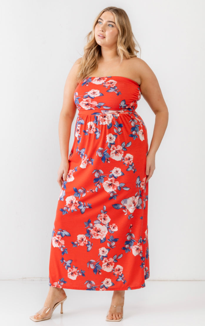 Red Rose Print Ruched Strapless Midi Dress- Plus Size