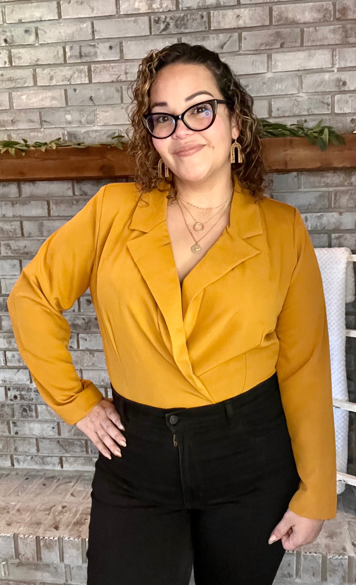 Golden Plunge Neck Bodysuit- Plus