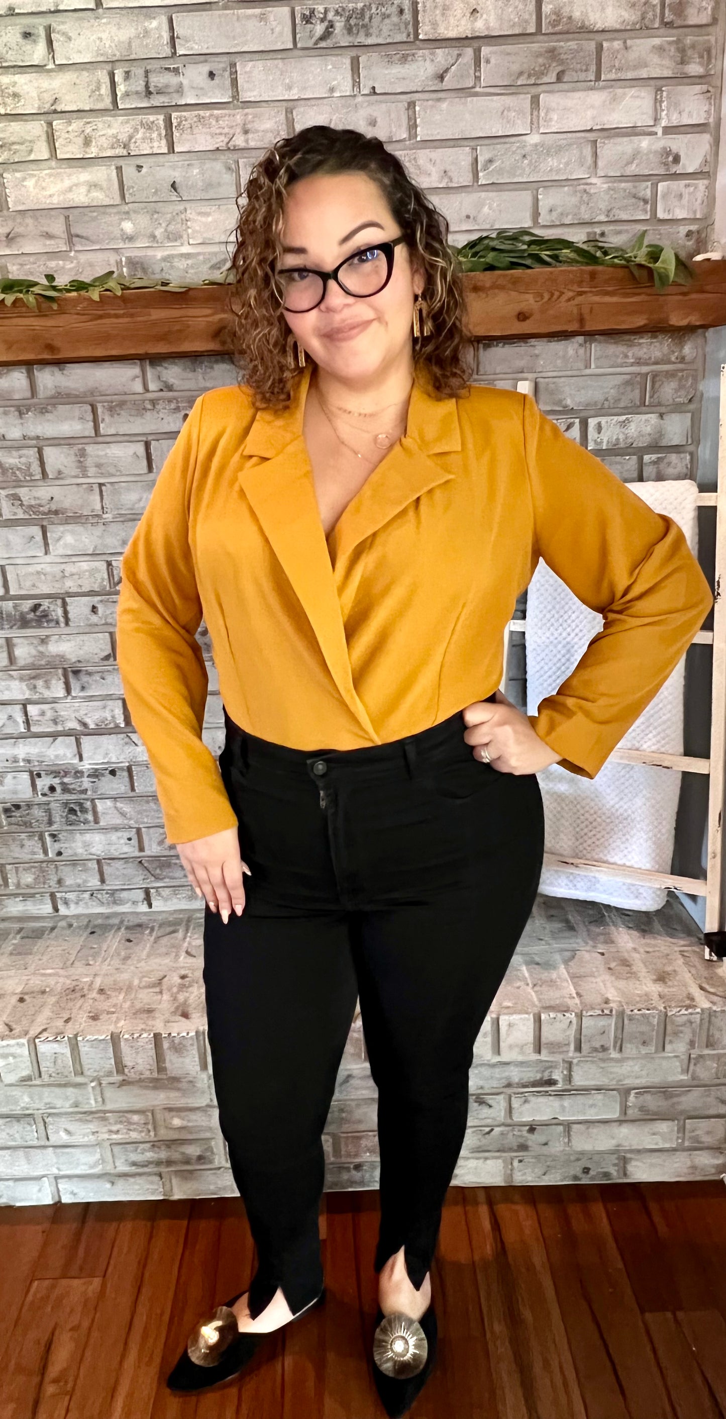 Golden Plunge Neck Bodysuit- Plus