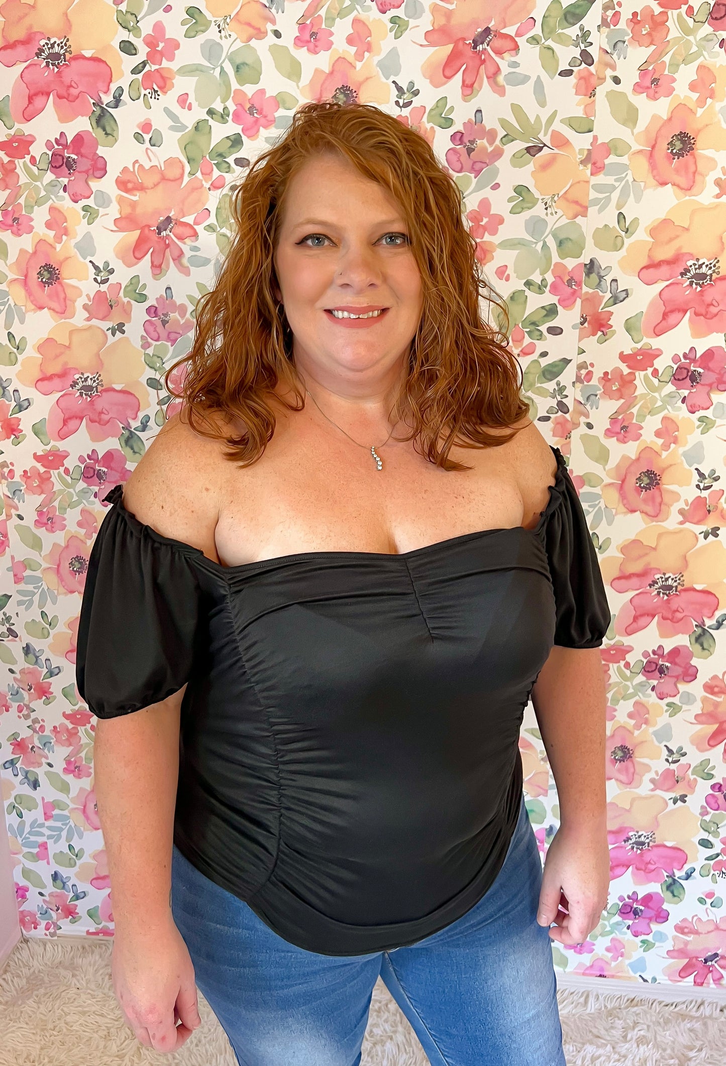 Ruched Short Sleeve Ruffle Top Plus - Black