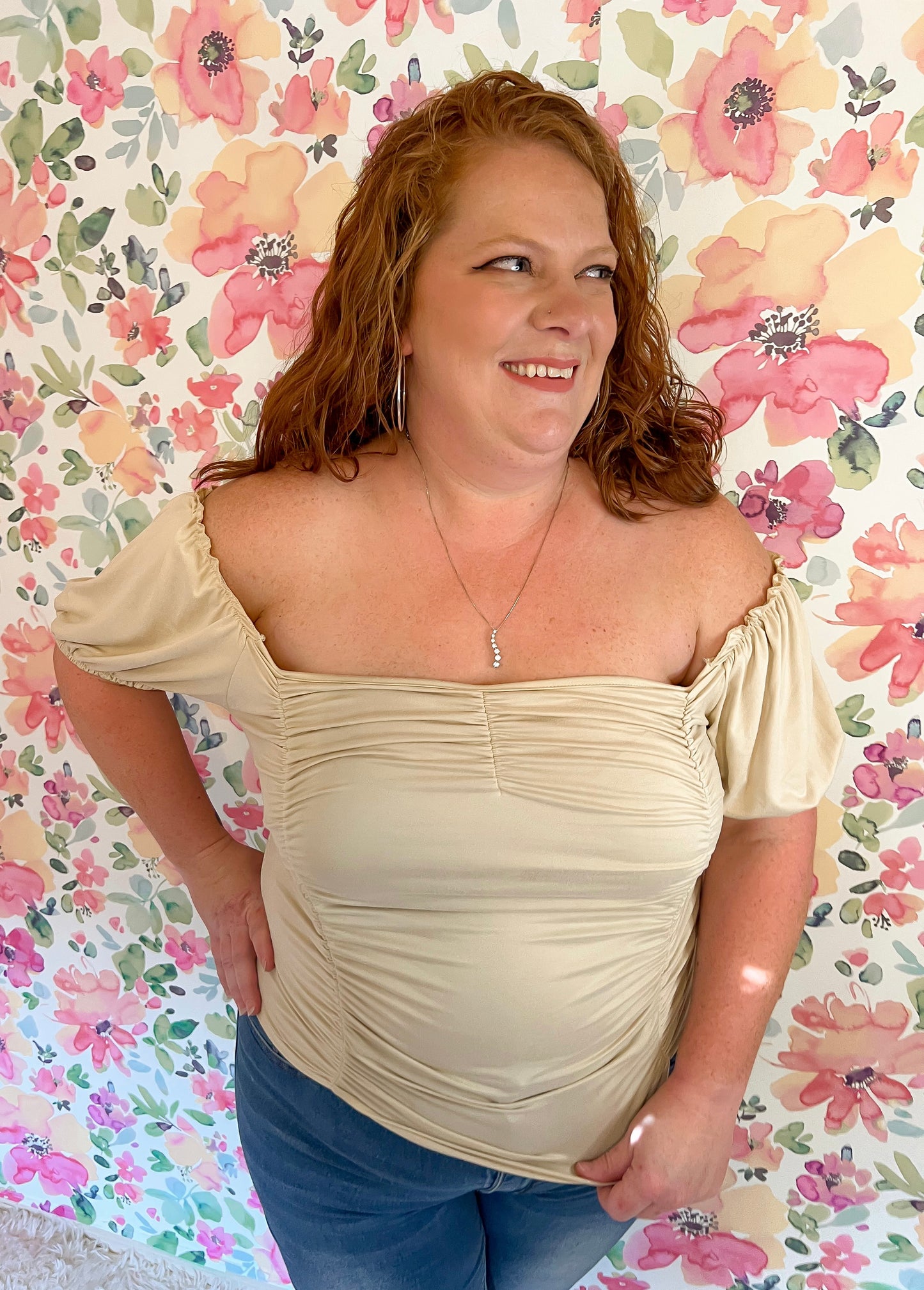 Ruched Short Sleeve Ruffle Top - Beige- Plus