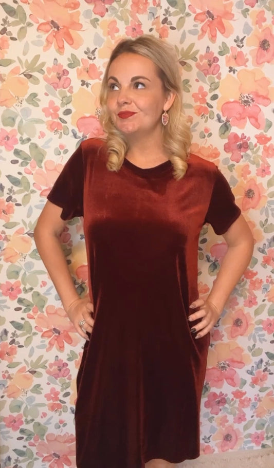 Velvet Short Sleeve Tunic Dress- Burgundy
