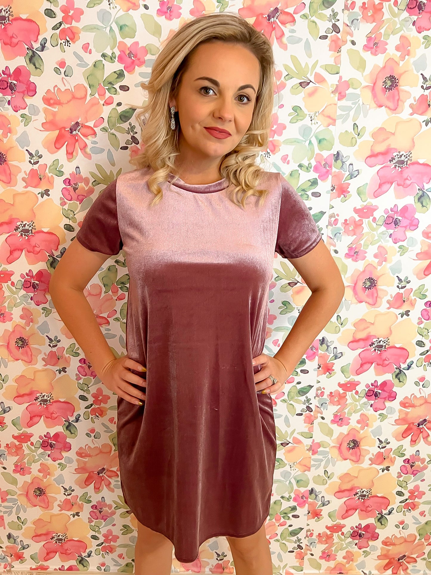 Velvet Short Sleeve Tunic Dress- Mauve