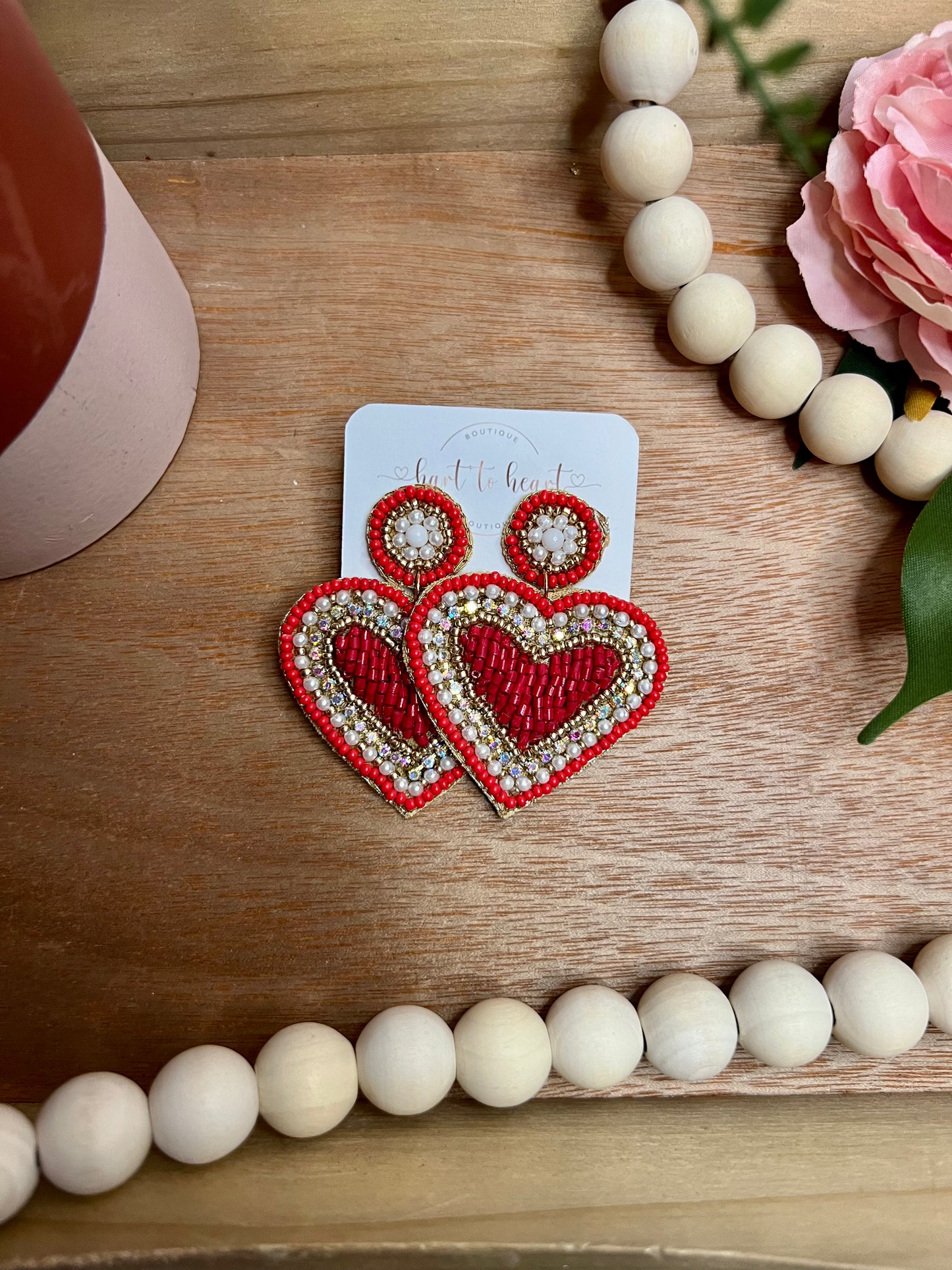 Beaded Red Heart Earrings