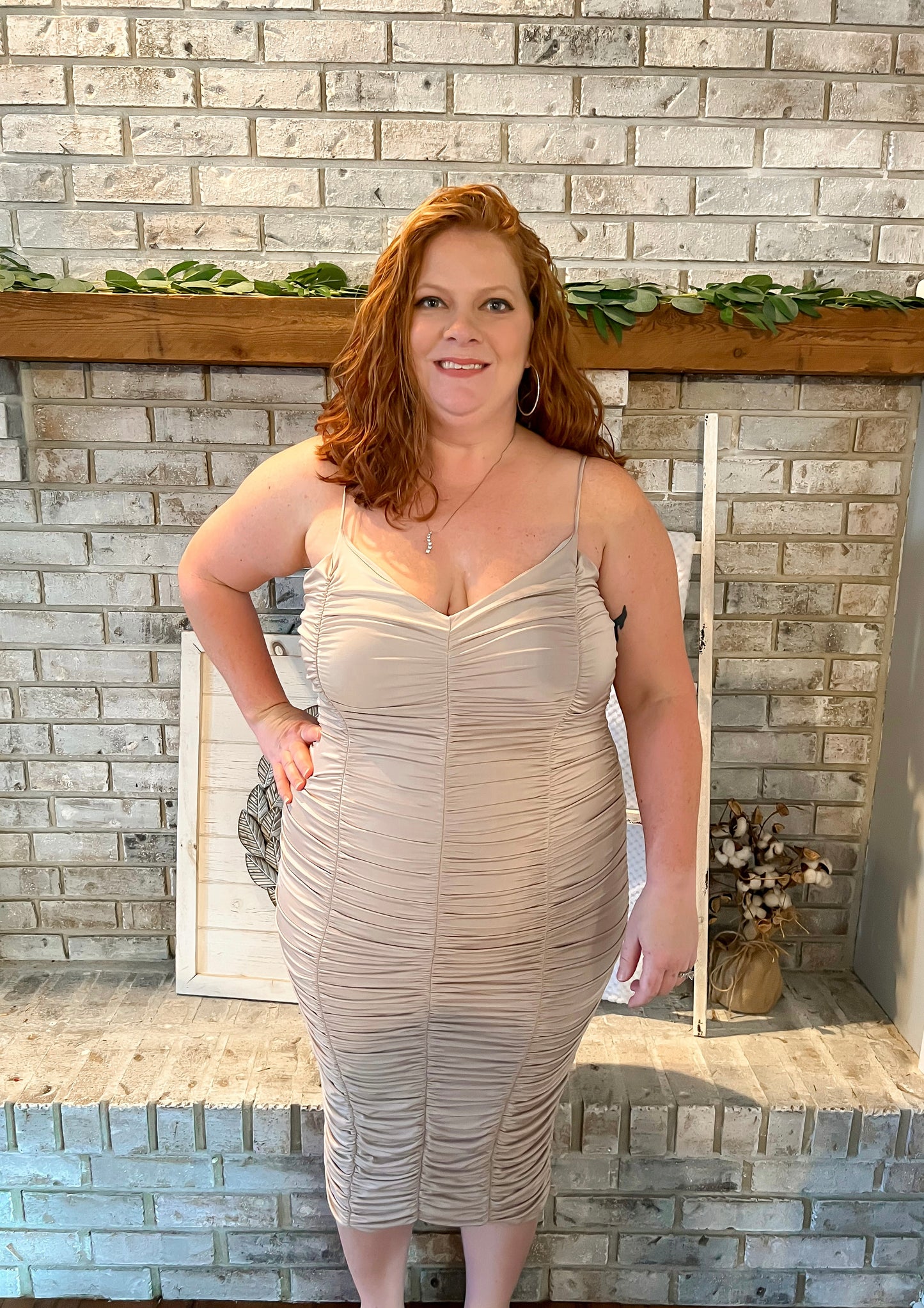 Plus Sized - Ruched Sleeveless Midi Dress