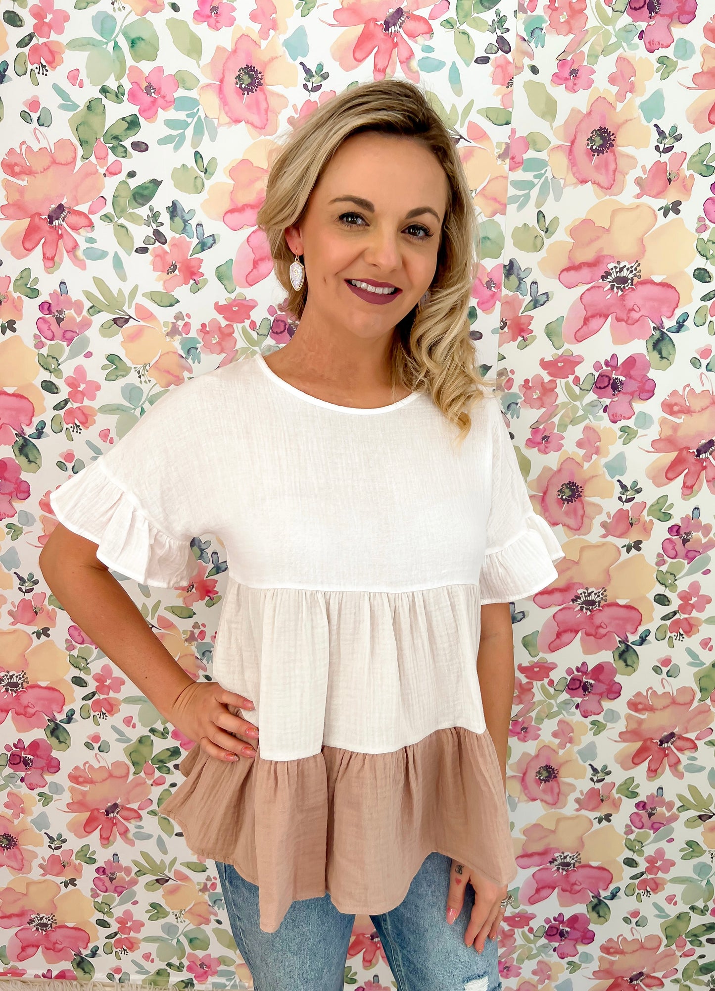 A Walk By the Park Colorblock Top- Ivory, Beige, Mocha- Devotions Dance