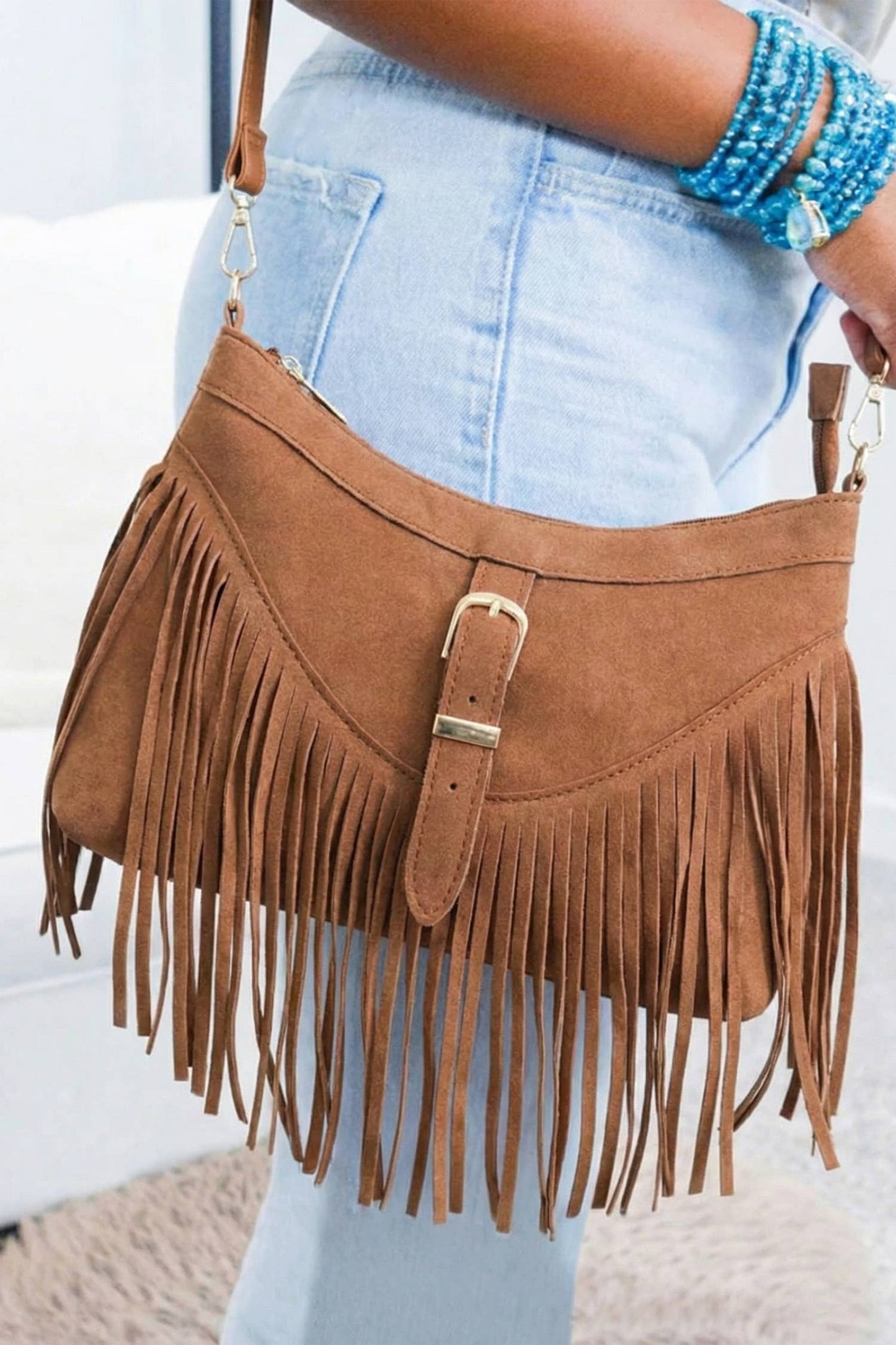 Western Style Suede Fringe Saddle Crossbod10.24"*2.76"*7.87"