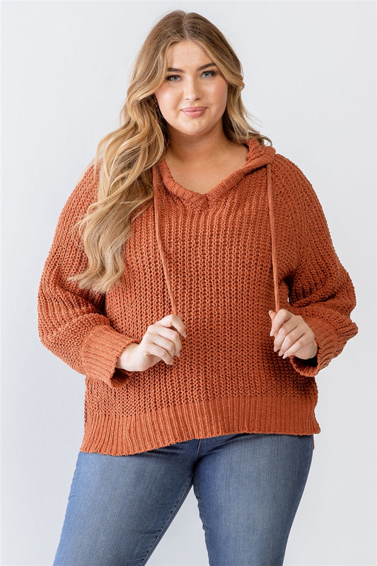 Rust Knit Hooded Sweater- Plus