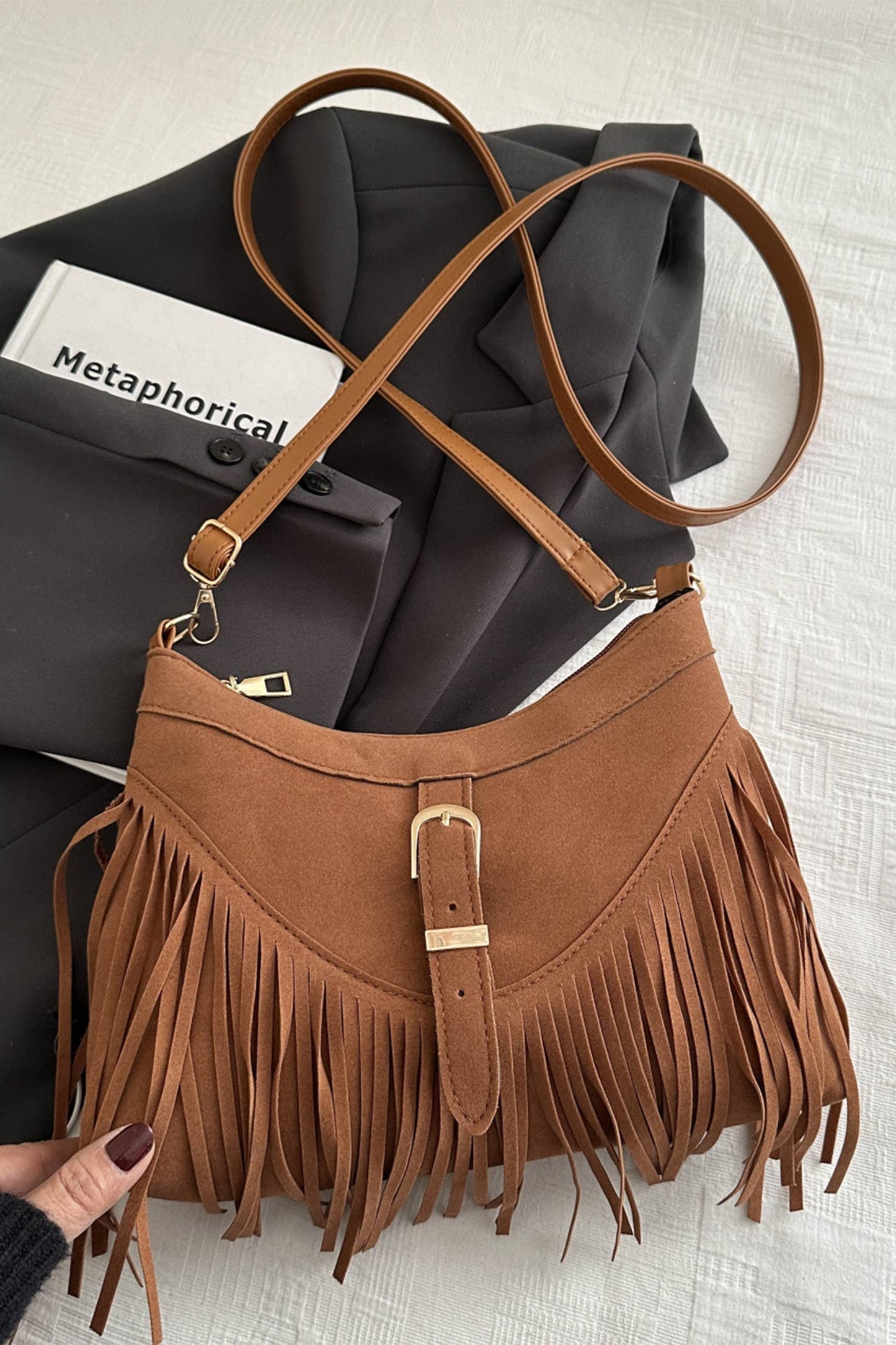 Western Style Suede Fringe Saddle Crossbod10.24"*2.76"*7.87"