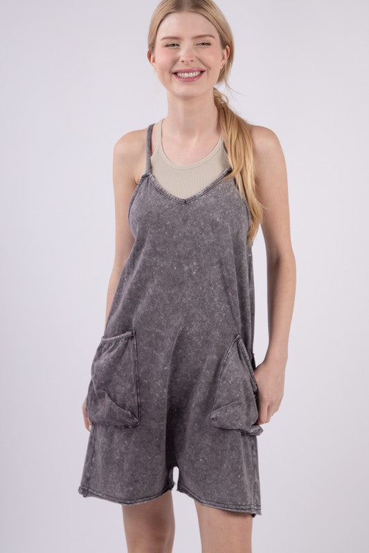 Casual Sleeveless Washed Knit Romper— Blooming Fires April