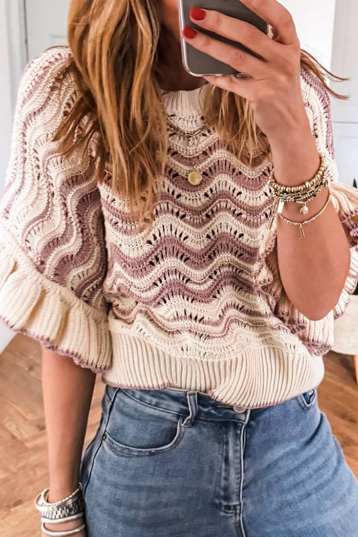 Wavy Crochet Eyelet Detail Ruffle Half Sleeve Sweater- PREORDER