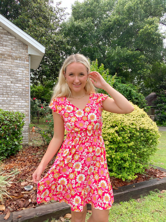 Floral Print Ruffle Cap Sleeves Dress