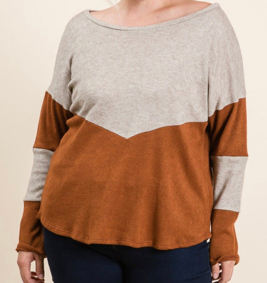 Two Tone Long Sleeve Top- Plus