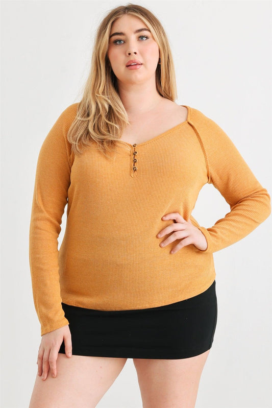 Ribbed Button Neck Top - Plus