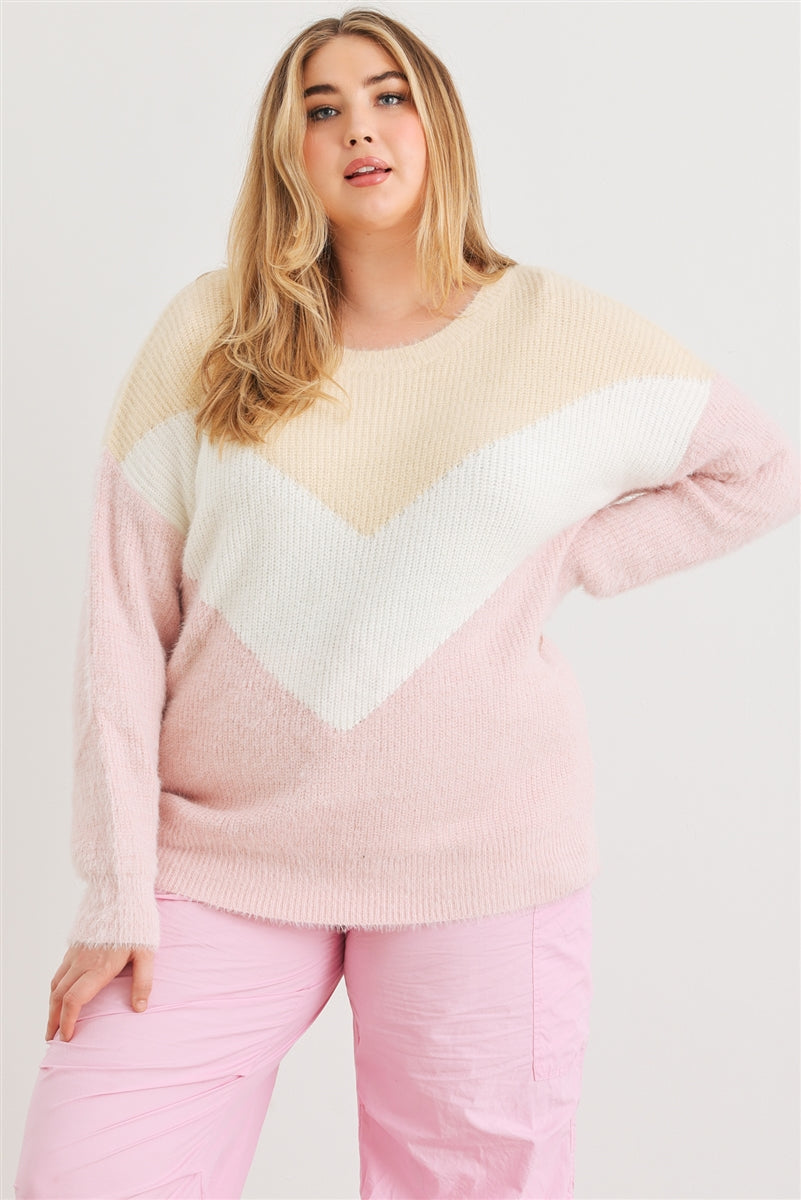 Cream Ivory Blush Colorblock Fuzzy Sweater- Plus