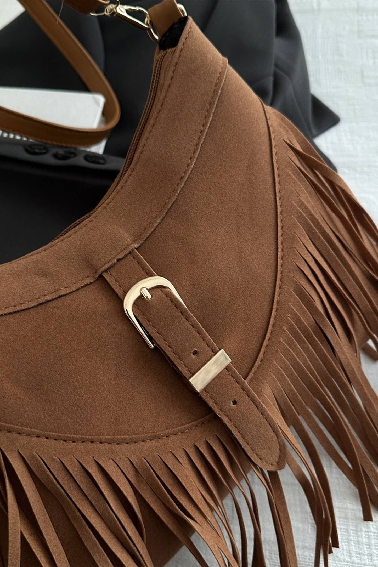 Western Style Suede Fringe Saddle Crossbod10.24"*2.76"*7.87"
