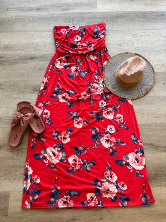 Red Rose Print Ruched Strapless Midi Dress- Plus Size