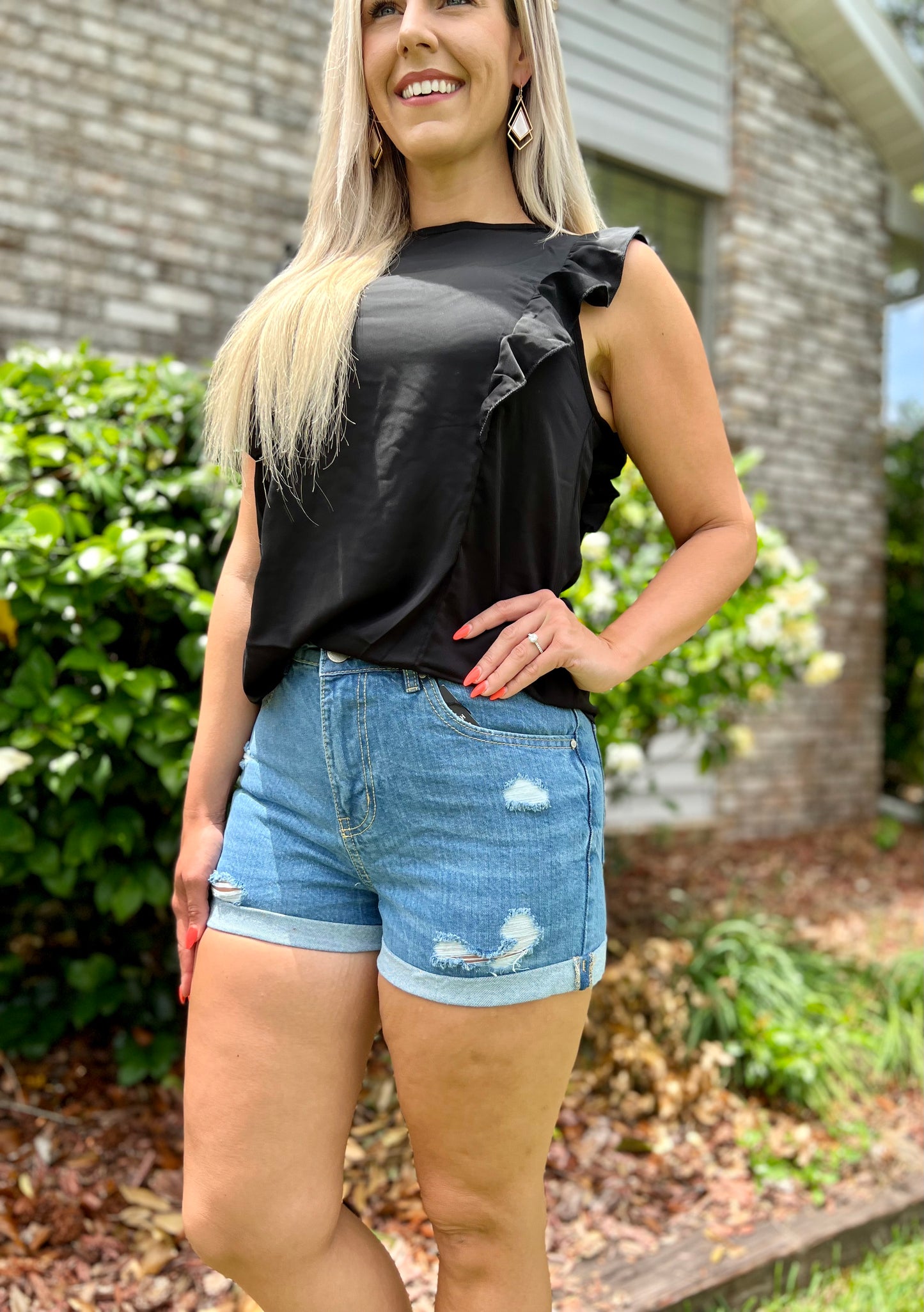 High Rise Ripped Denim Shorts