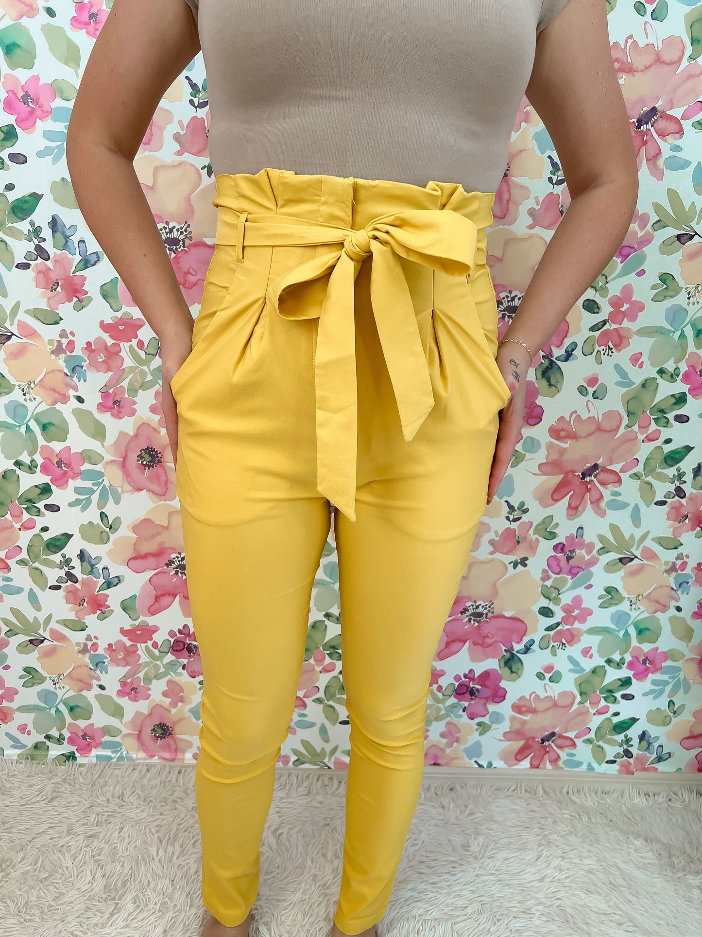 High Waisted Pleated Stretch Pants- Mustard