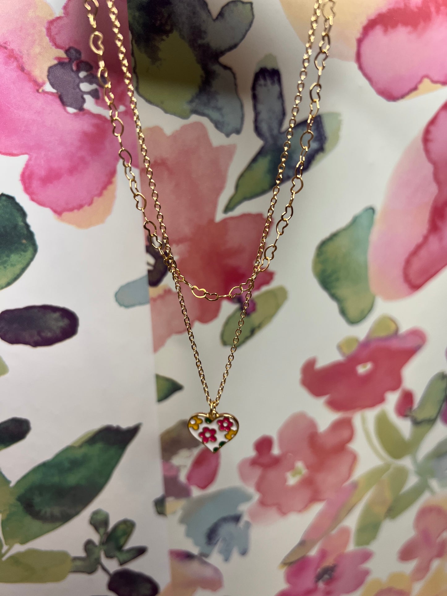 Floral Double Chain Heart Necklace
