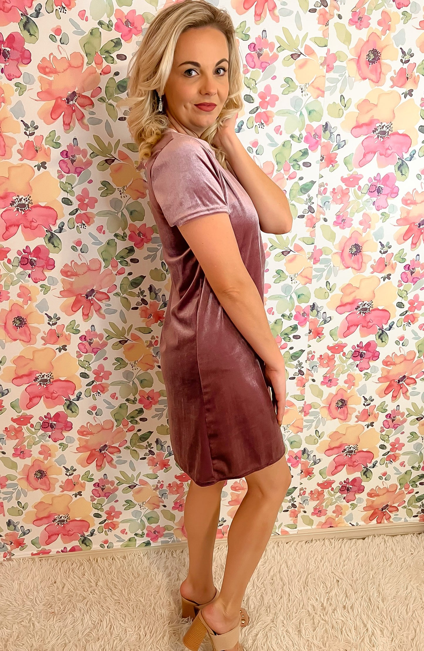 Velvet Short Sleeve Tunic Dress- Mauve