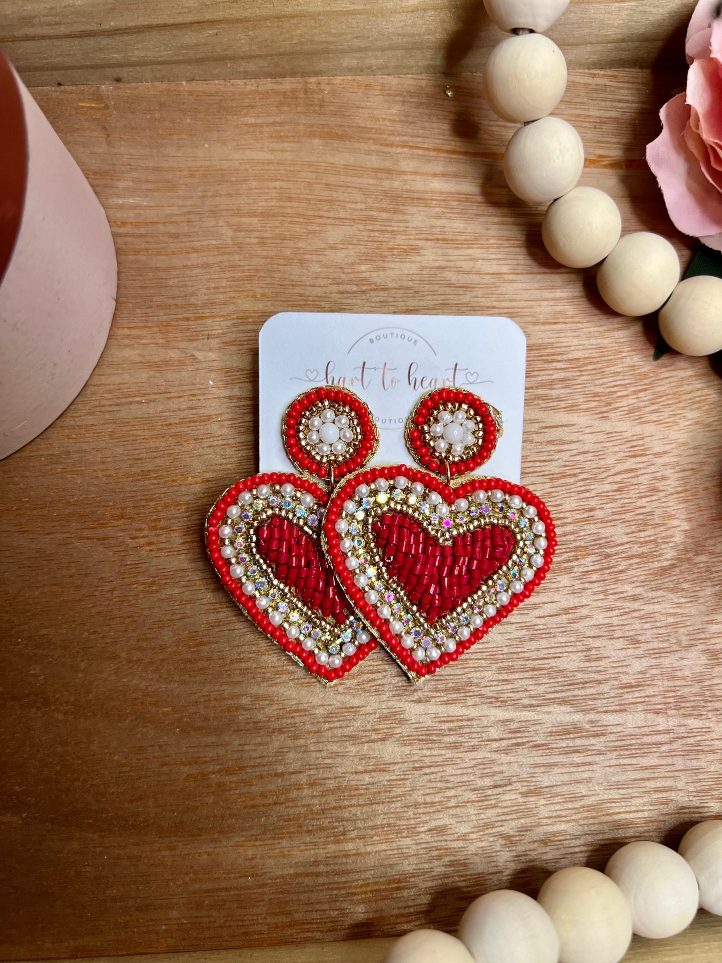 Beaded Red Heart Earrings