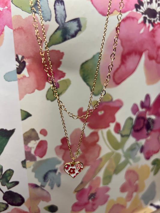 Floral Double Chain Heart Necklace