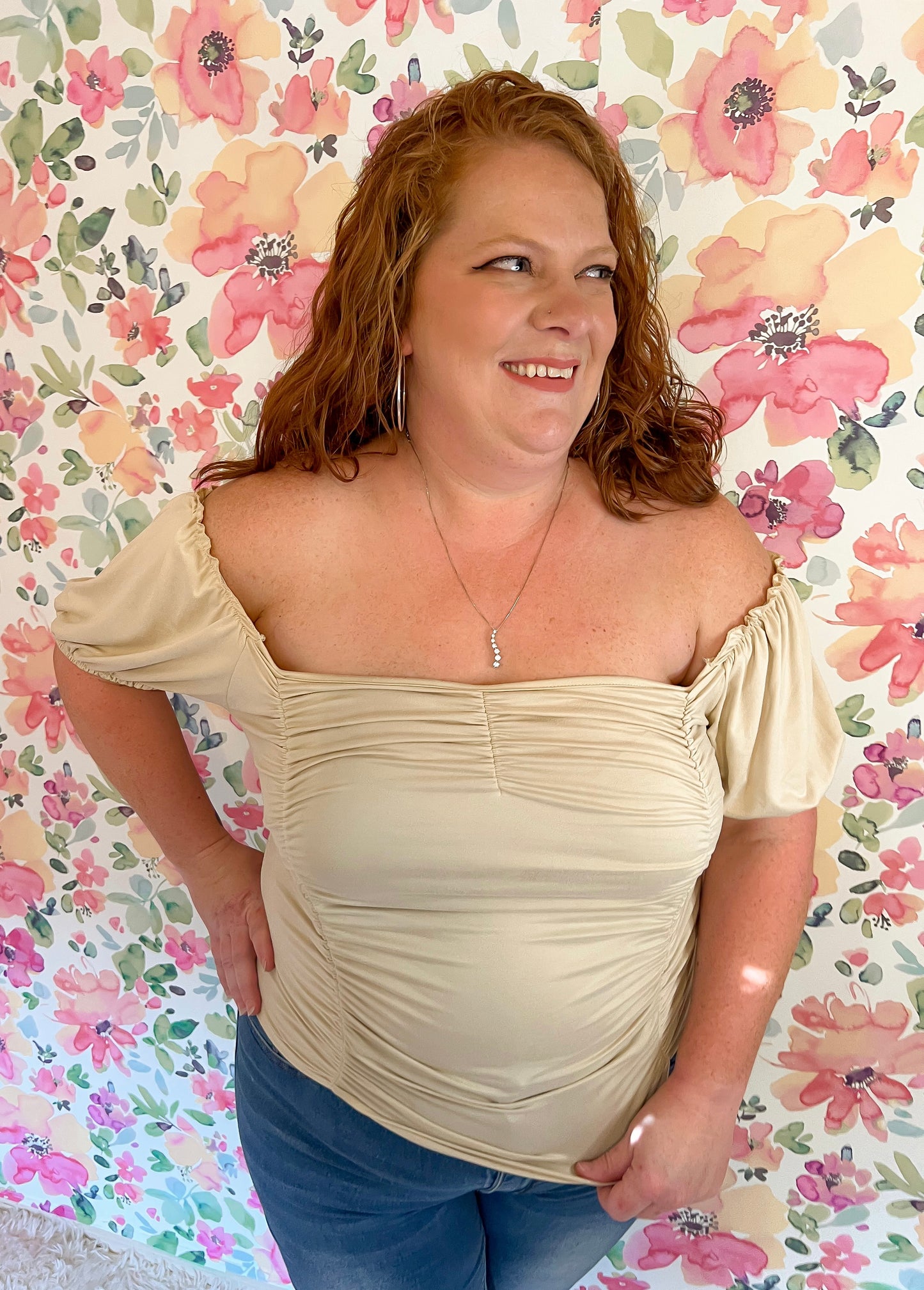 Plus Sized - Ruched Short Sleeve Ruffle Top - Beige