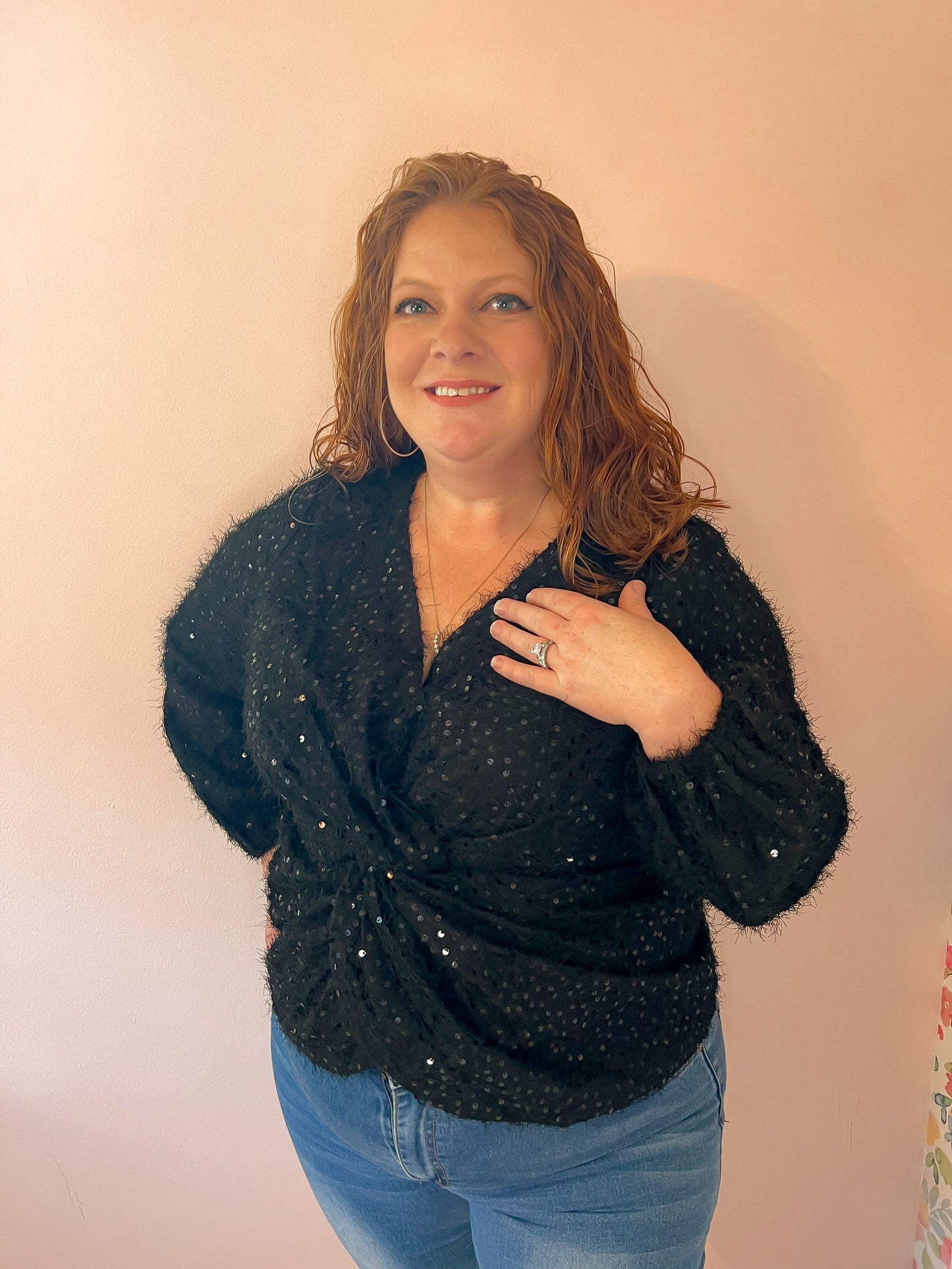 Plus Sized - Fuzzy Sequin Wrap Sweater