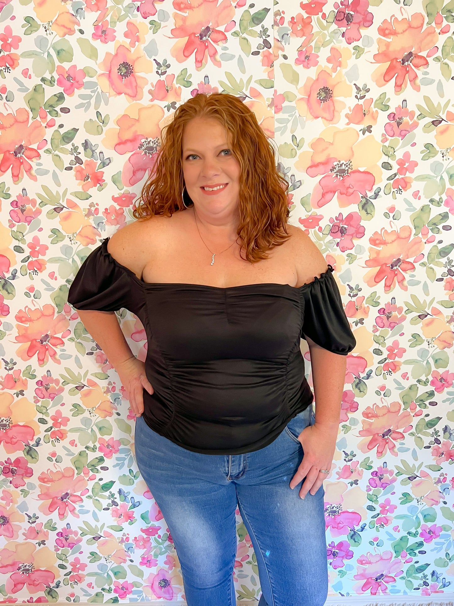 Plus Sized - Ruched Short Sleeve Ruffle Top - Black
